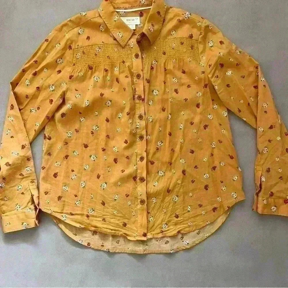 Maeve Anthropologie  Button Down Shirt Womens 0P Yellow Floral Peasant Boho